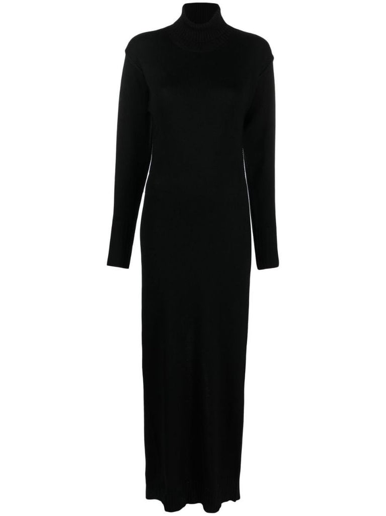 Black Backless Long Sleeved Wool Maxi Dress
