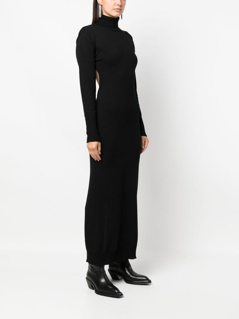 Black Backless Long Sleeved Wool Maxi Dress