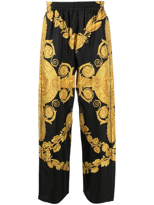 Black Barocco Print Silk Trousers