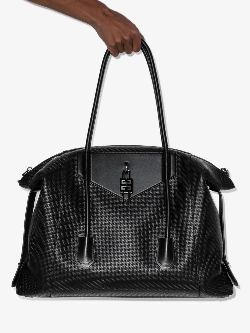 Black Antigona Large Woven Leather Tote Bag