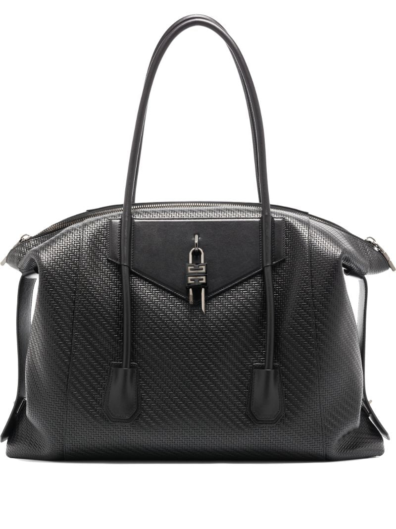 Black Antigona Large Woven Leather Tote Bag