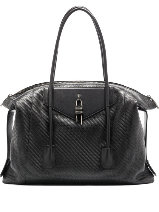 Black Antigona Large Woven Leather Tote Bag