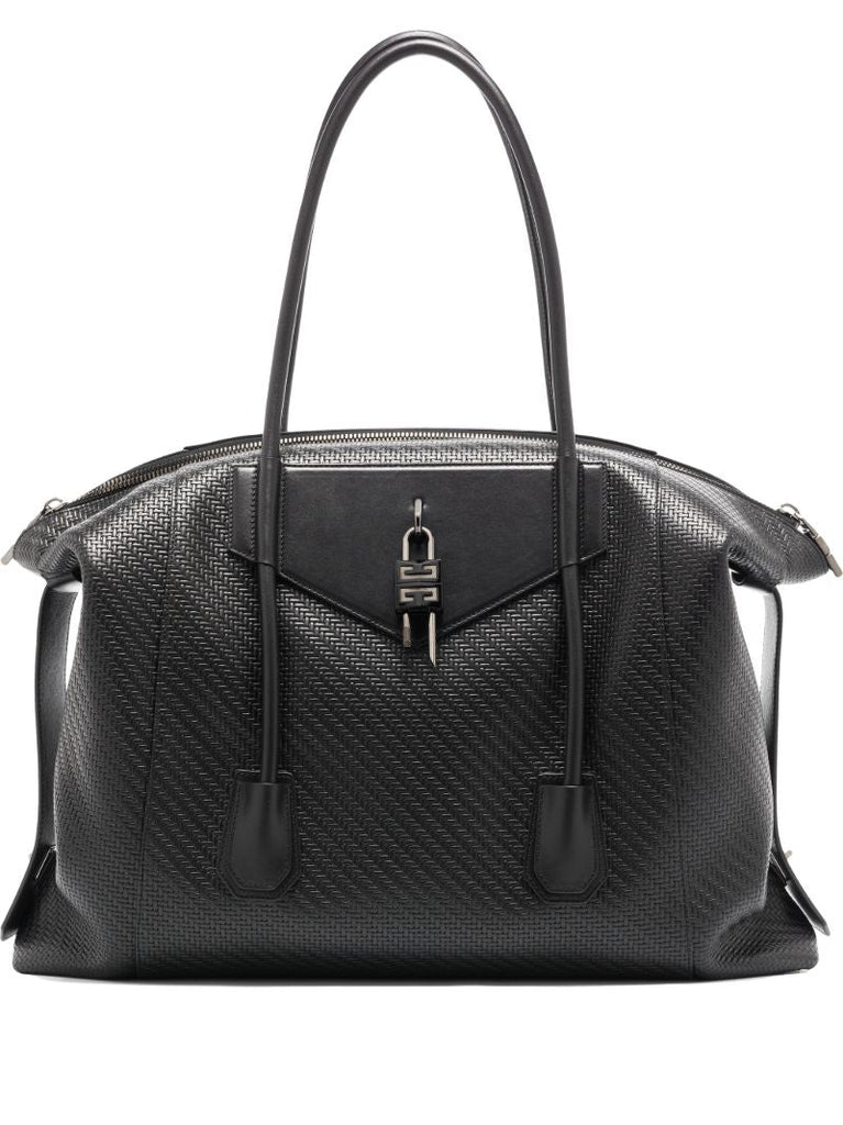 Black Antigona Large Woven Leather Tote Bag