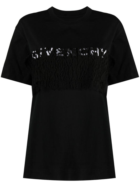 Black Lace Detail Logo T-shirt