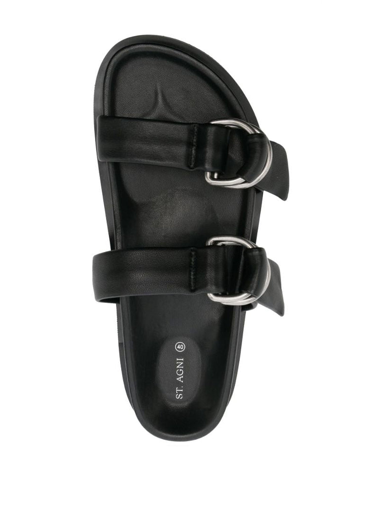 Black D-ring Leather Slides
