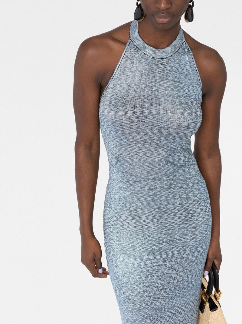 Blue Laminated Halterneck Maxi Dress