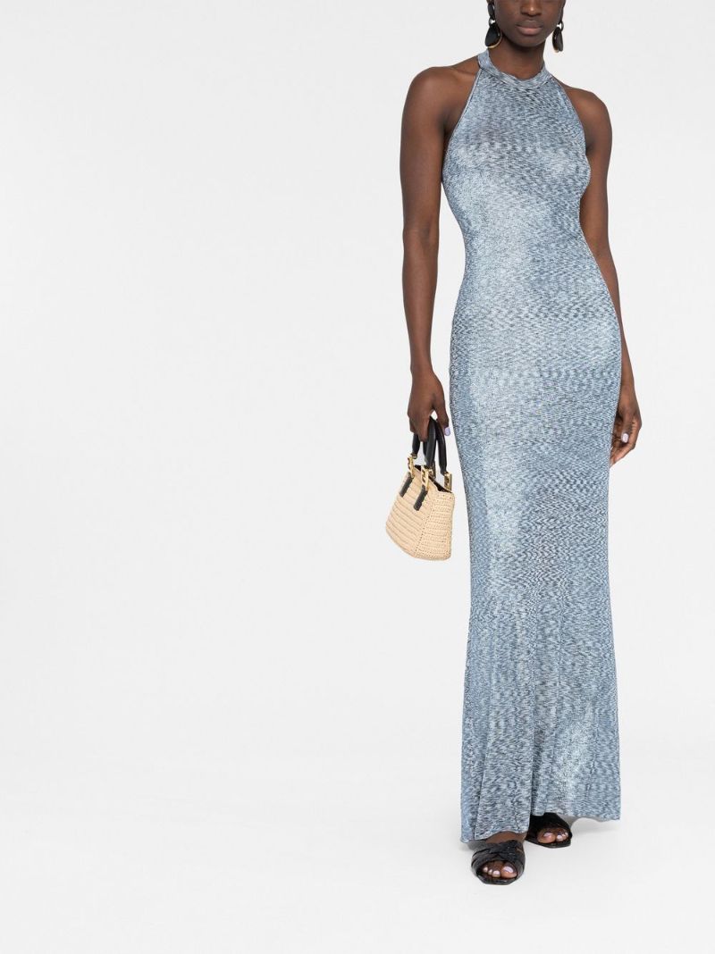 Blue Laminated Halterneck Maxi Dress