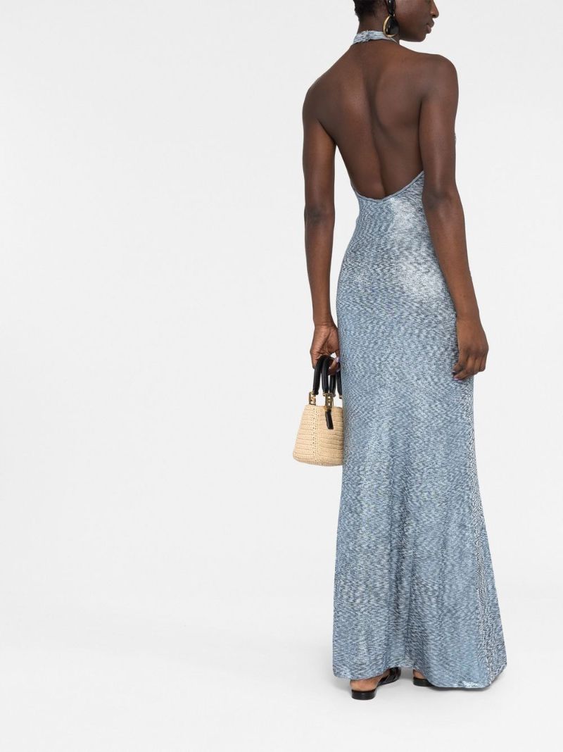 Blue Laminated Halterneck Maxi Dress