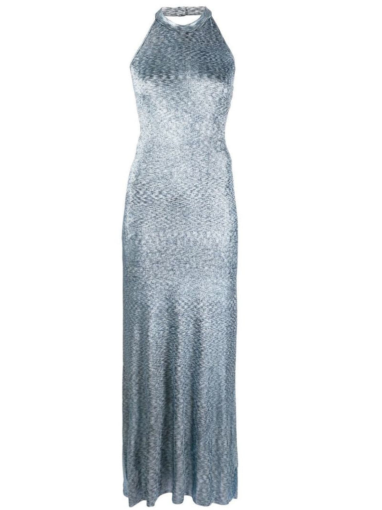 Blue Laminated Halterneck Maxi Dress