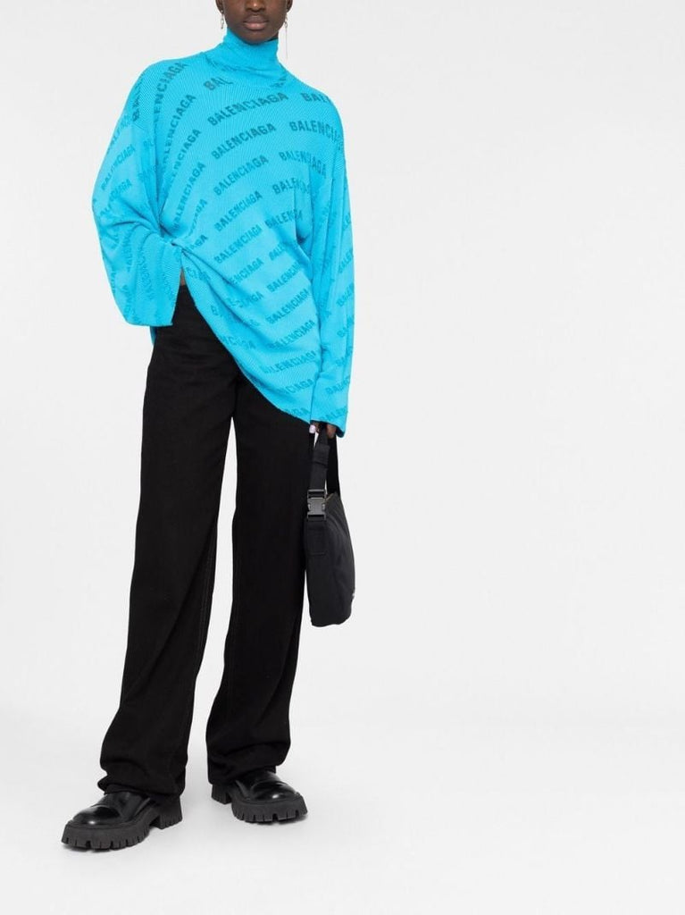 Blue Oversized Logo Jacquard Sweater