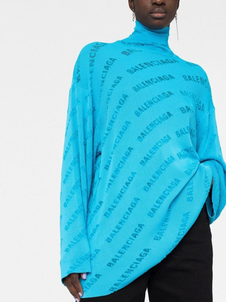 Blue Oversized Logo Jacquard Sweater