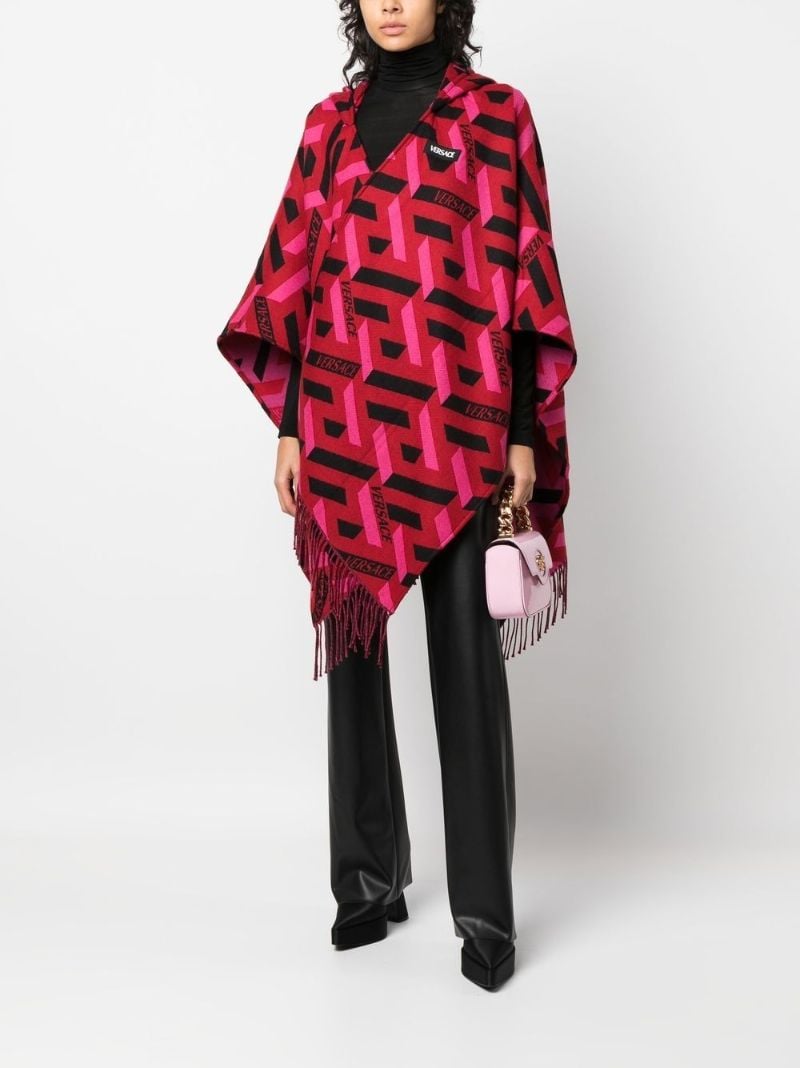 Red La Greca Fringed Wrap Poncho