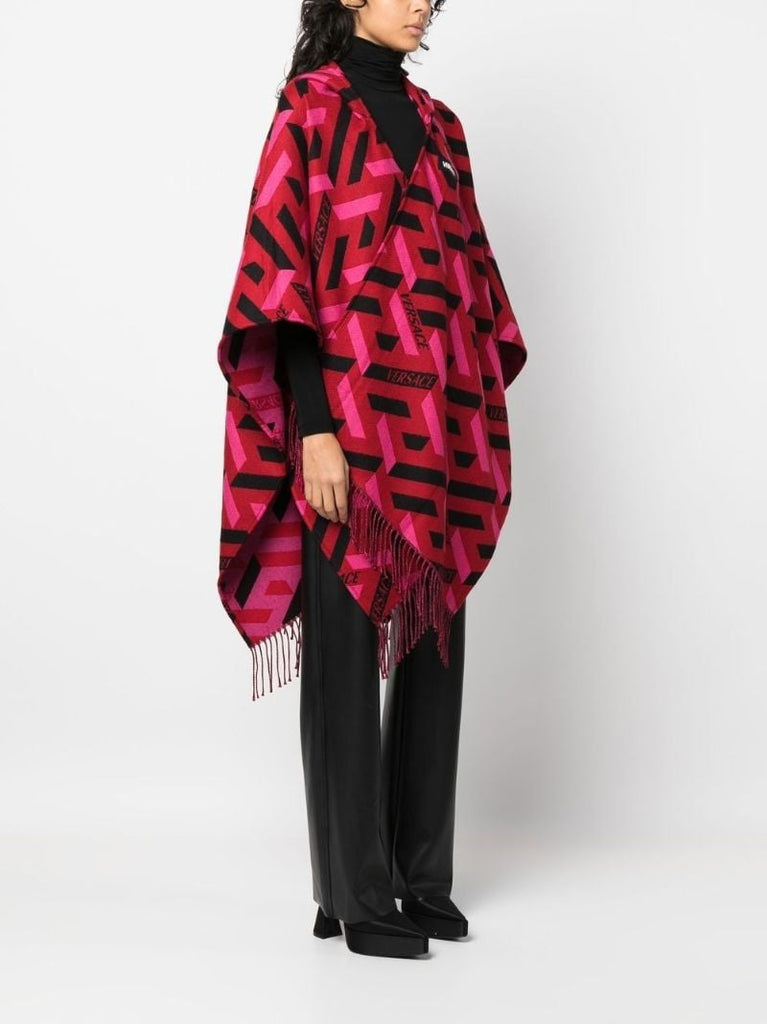 Red La Greca Fringed Wrap Poncho