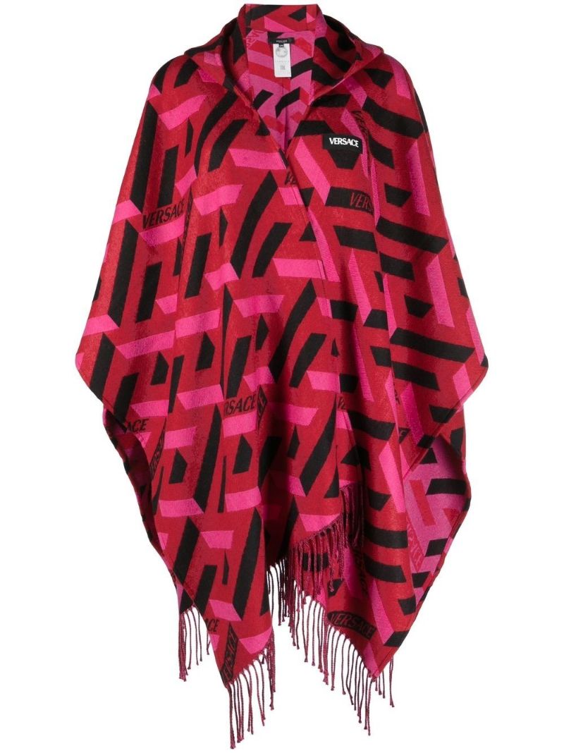Red La Greca Fringed Wrap Poncho