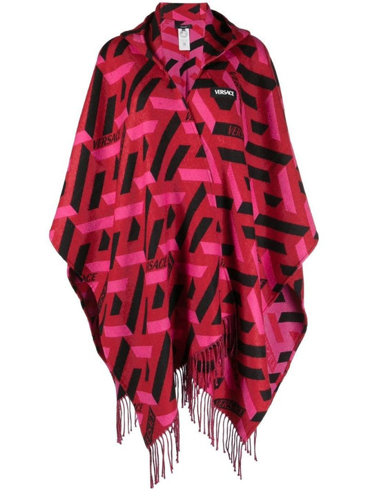 Red La Greca Fringed Wrap Poncho