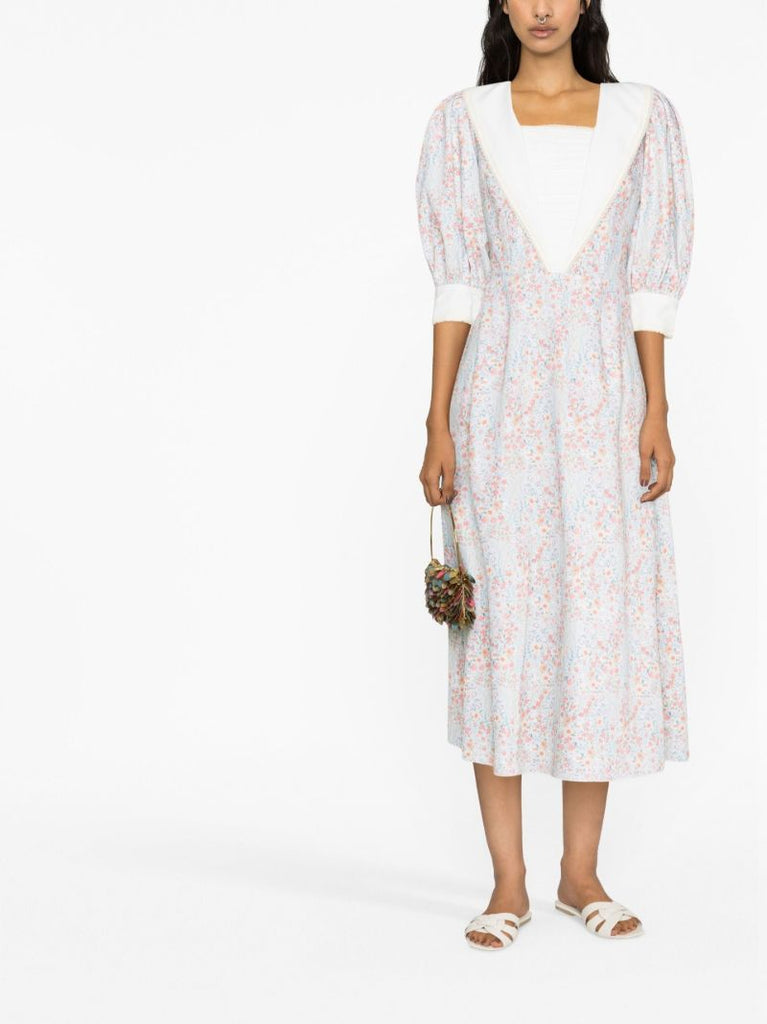 Blue Floral Print Midi Dress