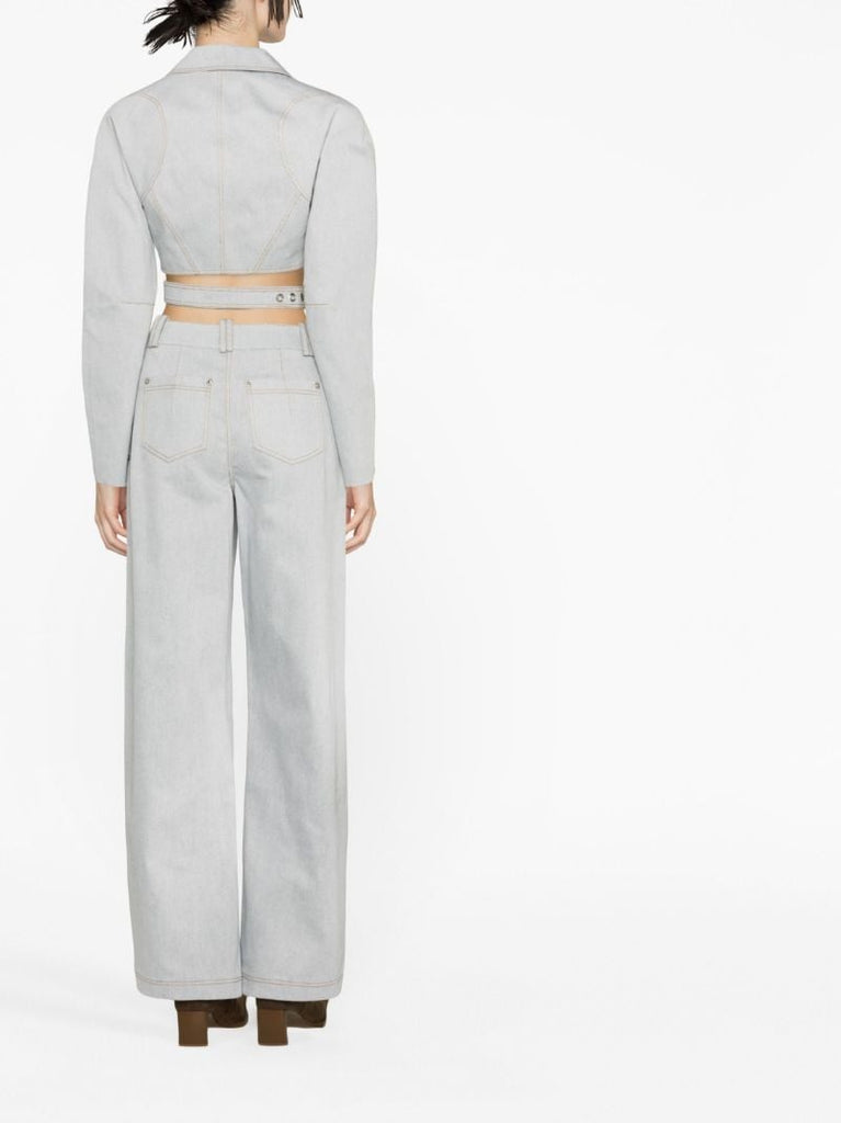 Blue Wrap-front Cotton Cropped Jacket
