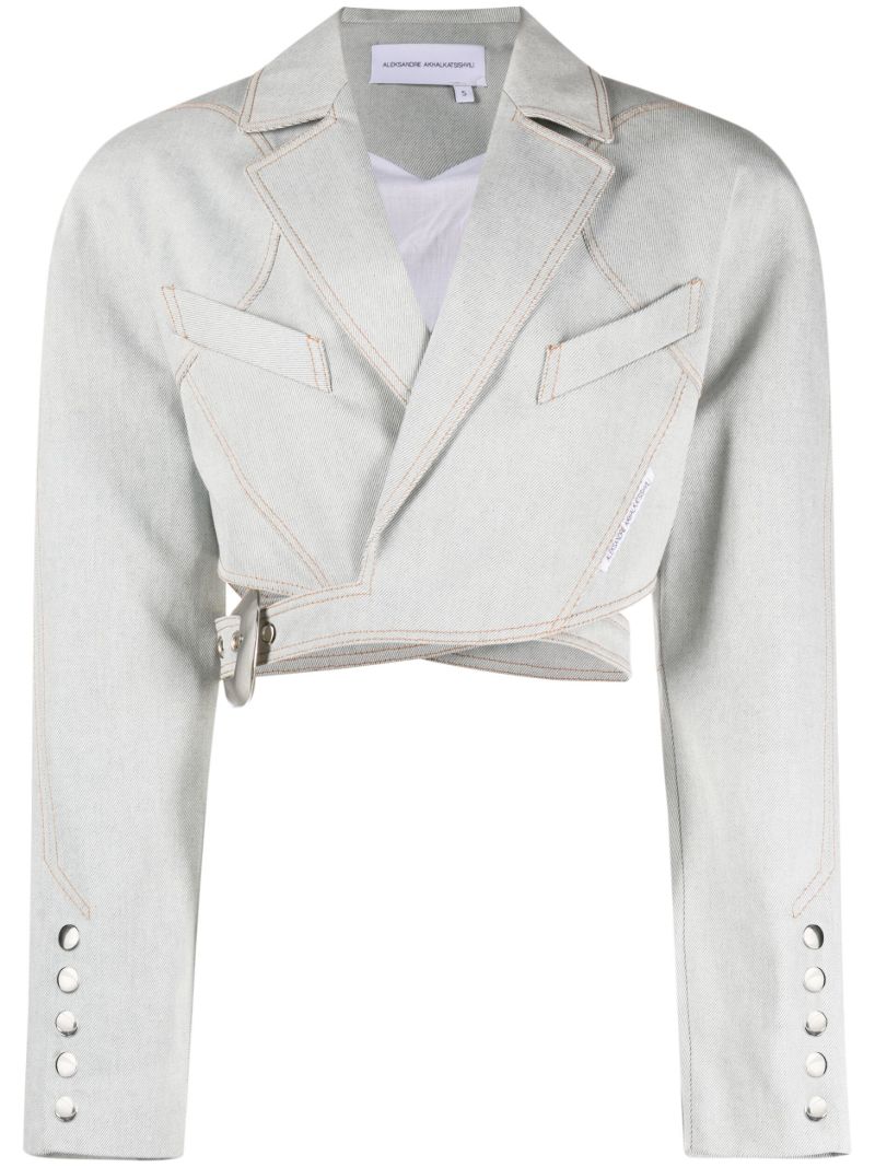 Blue Wrap-front Cotton Cropped Jacket