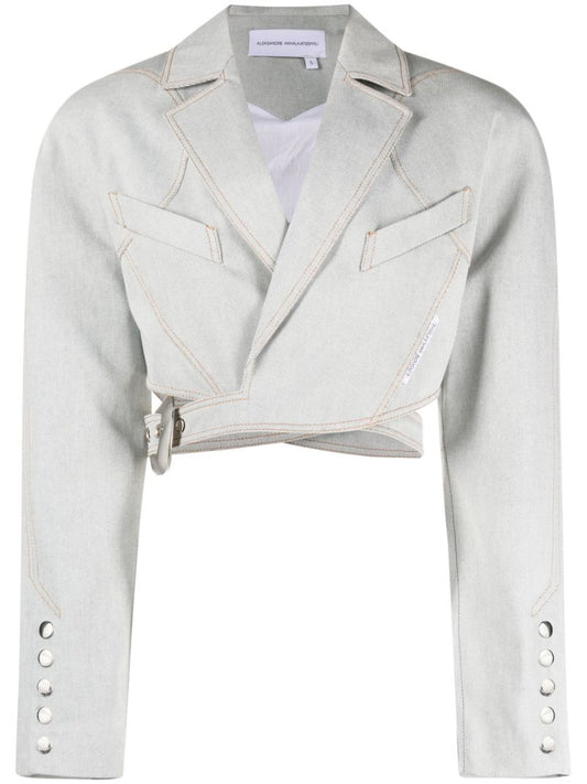Blue Wrap-front Cotton Cropped Jacket
