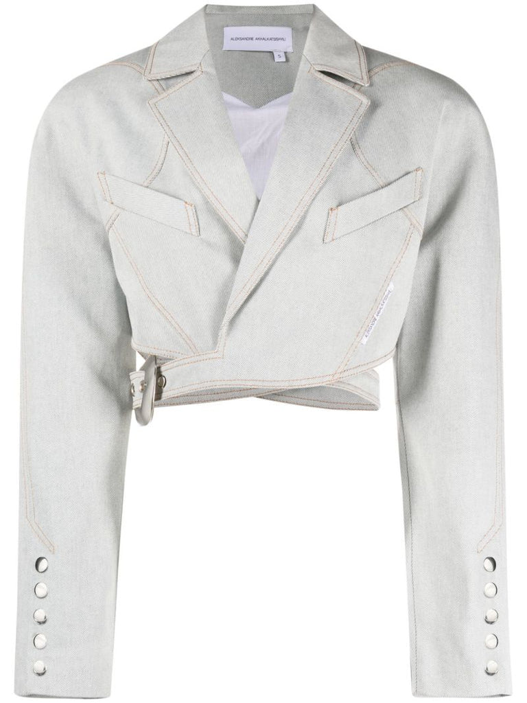 Blue Wrap-front Cotton Cropped Jacket