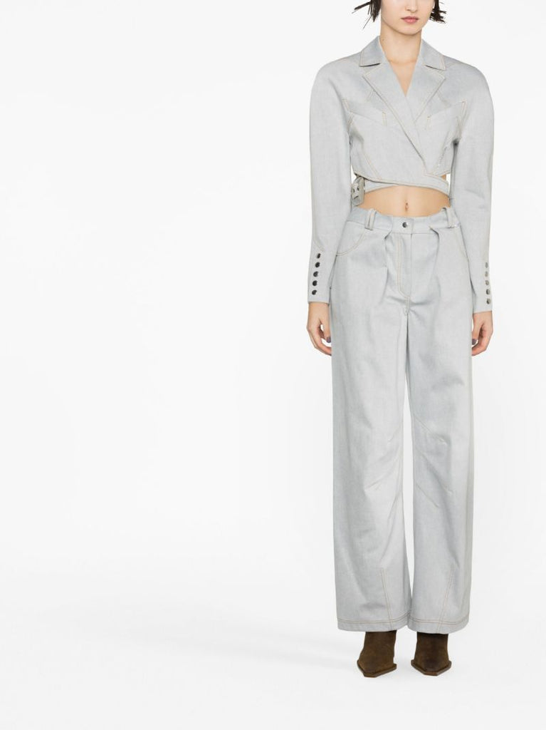 Blue Wrap-front Cotton Cropped Jacket