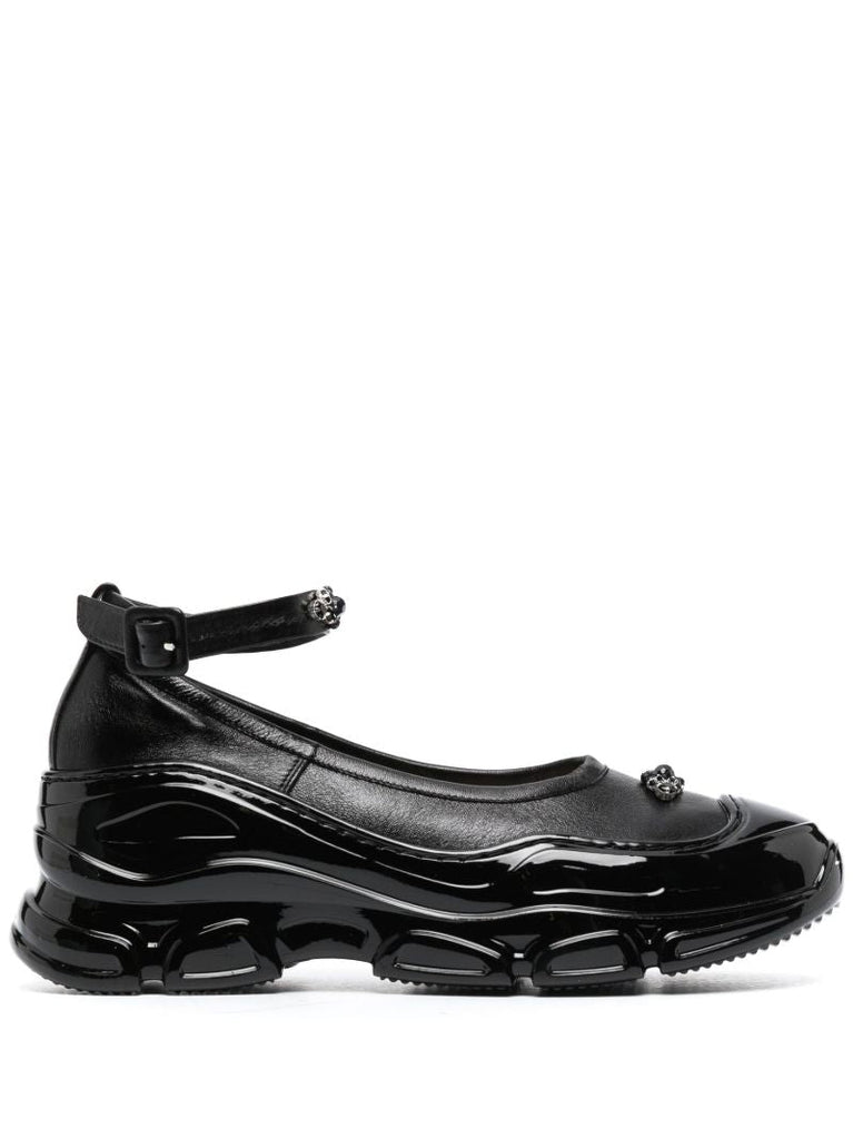 Black Crystal-embellished Trek Ankle Strap Pumps