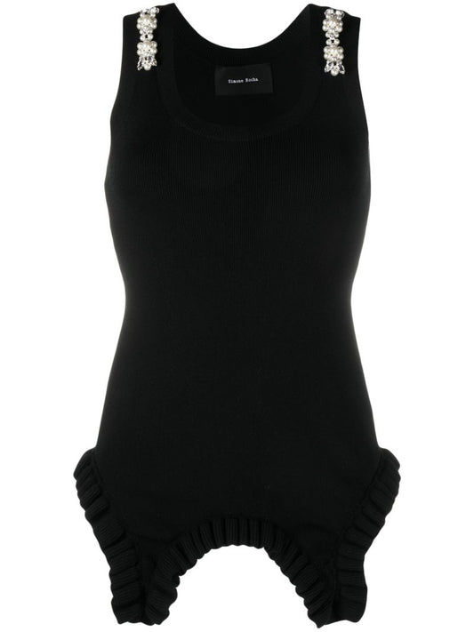Black Pearl Embellished Ruffle Knit Top
