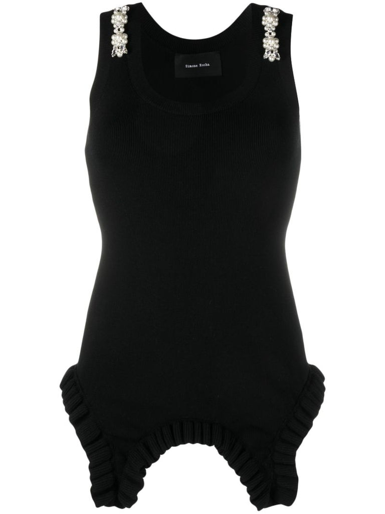 Black Pearl Embellished Ruffle Knit Top