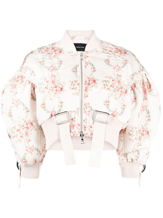 White Floral-print Cropped Bomber Jacket