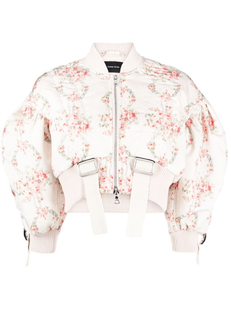 White Floral-print Cropped Bomber Jacket