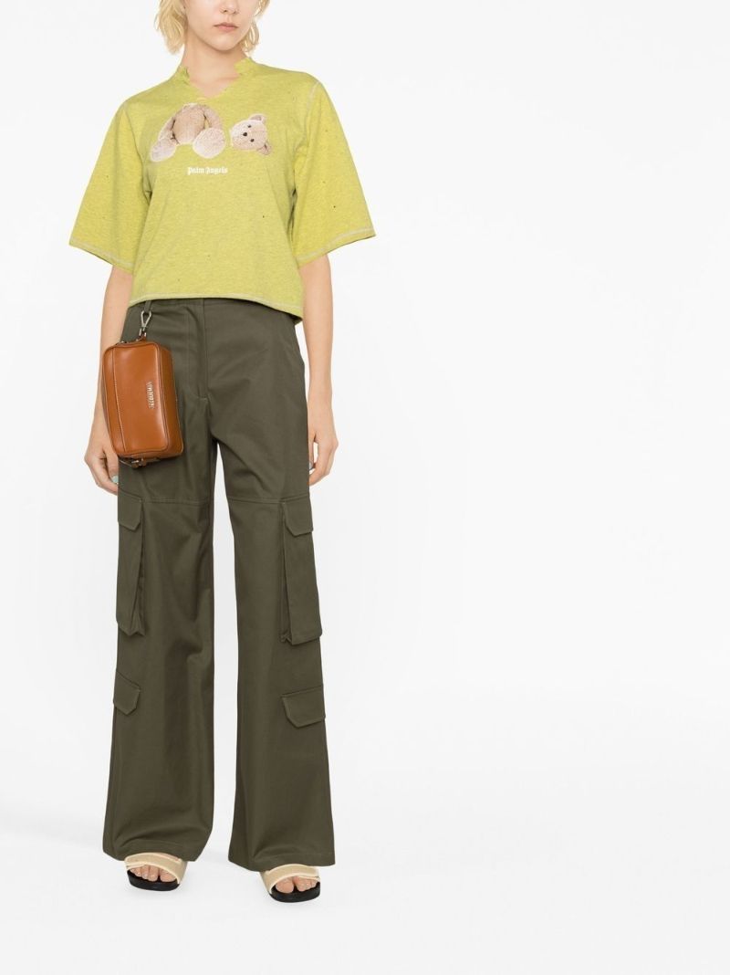 Yellow Bear Print Distressed Cropped T-shirt