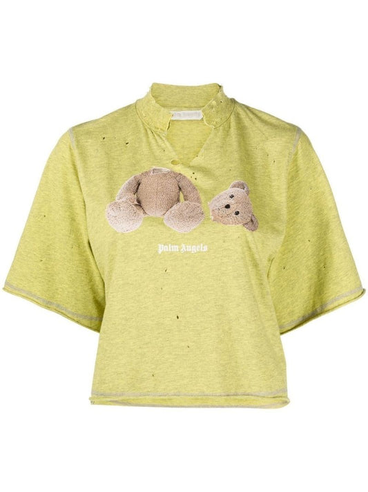 Yellow Bear Print Distressed Cropped T-shirt