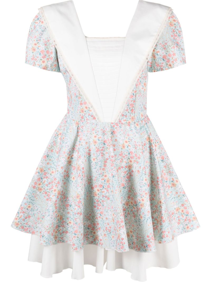 Blue Floral Print Layered Mini Dress