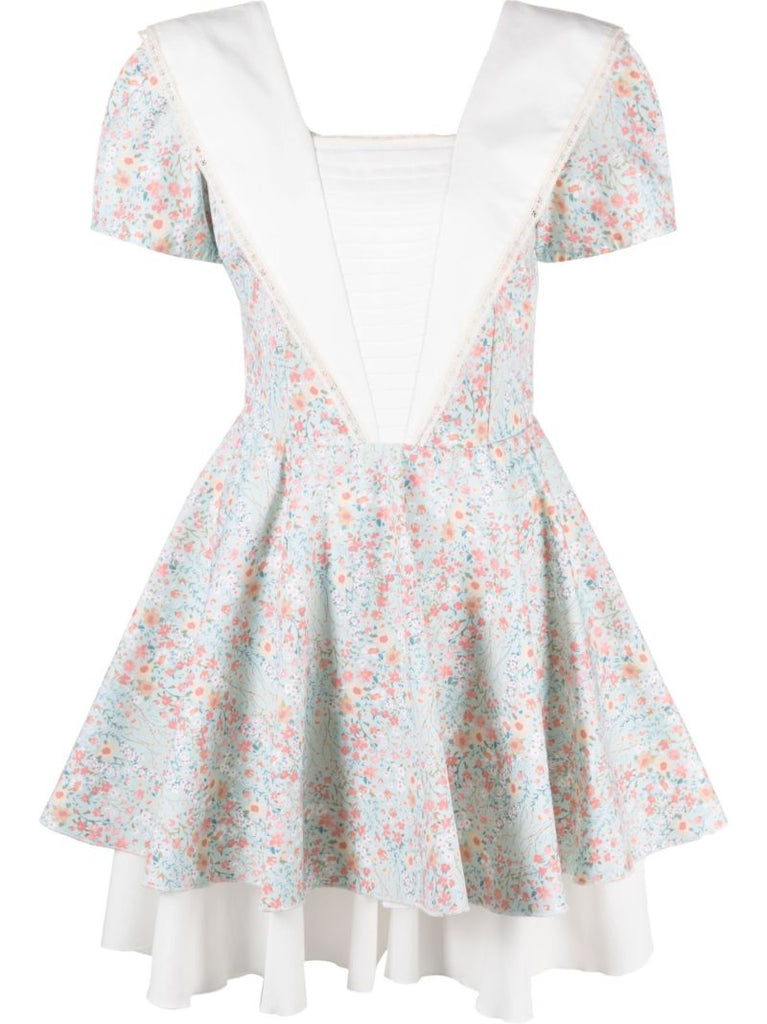 Blue Floral Print Layered Mini Dress