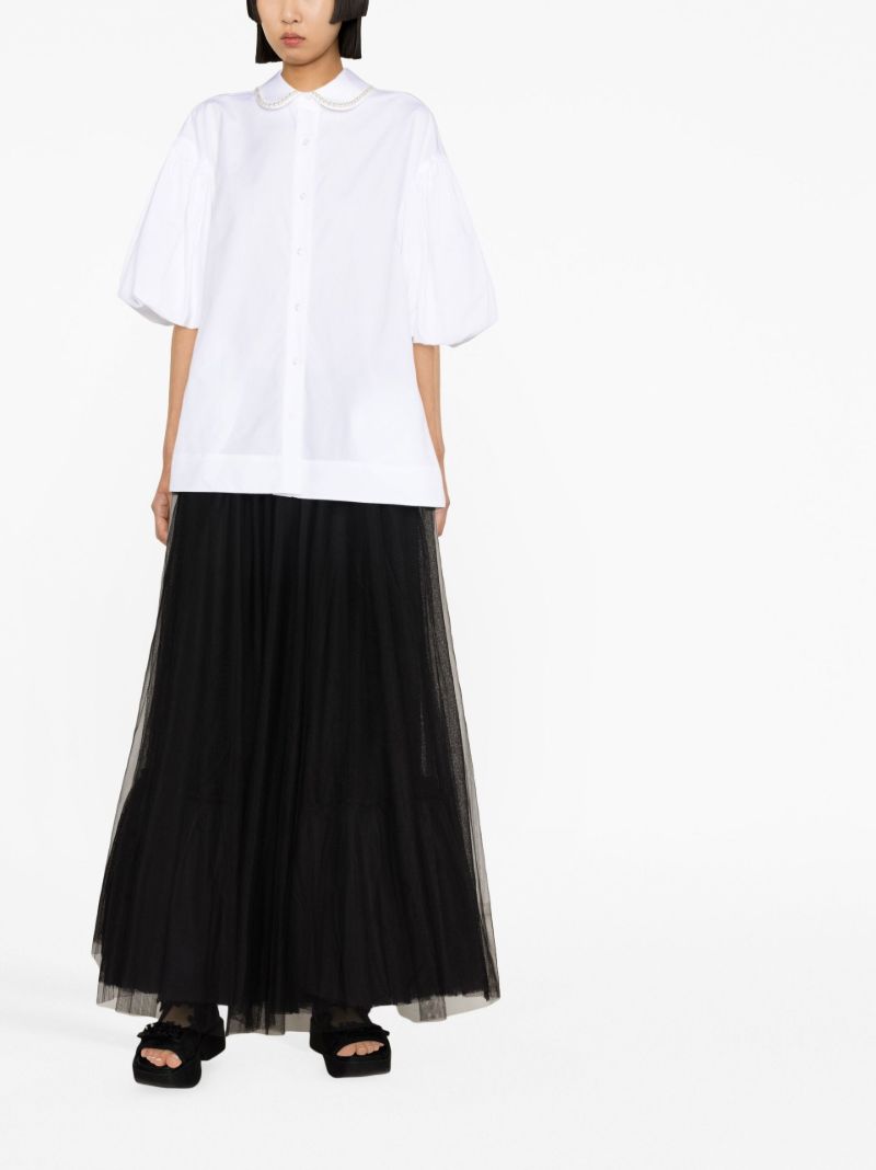 White Pearl Embellished Puff Sleeve Shirt