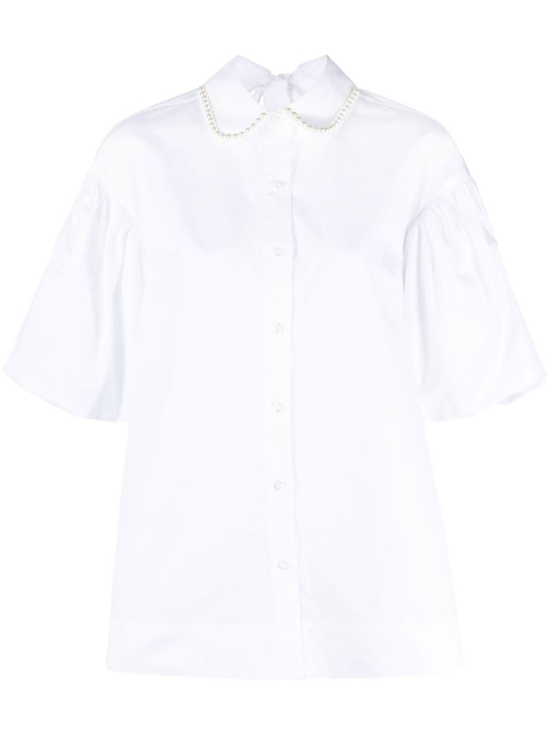 White Pearl Embellished Puff Sleeve Shirt