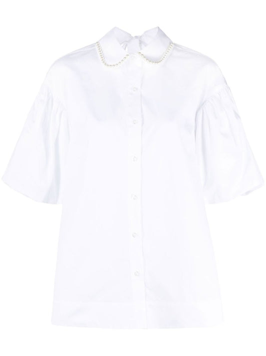 White Pearl Embellished Puff Sleeve Shirt