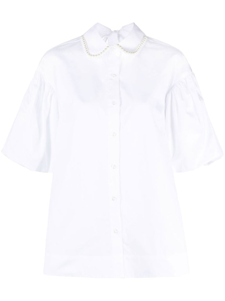 White Pearl Embellished Puff Sleeve Shirt