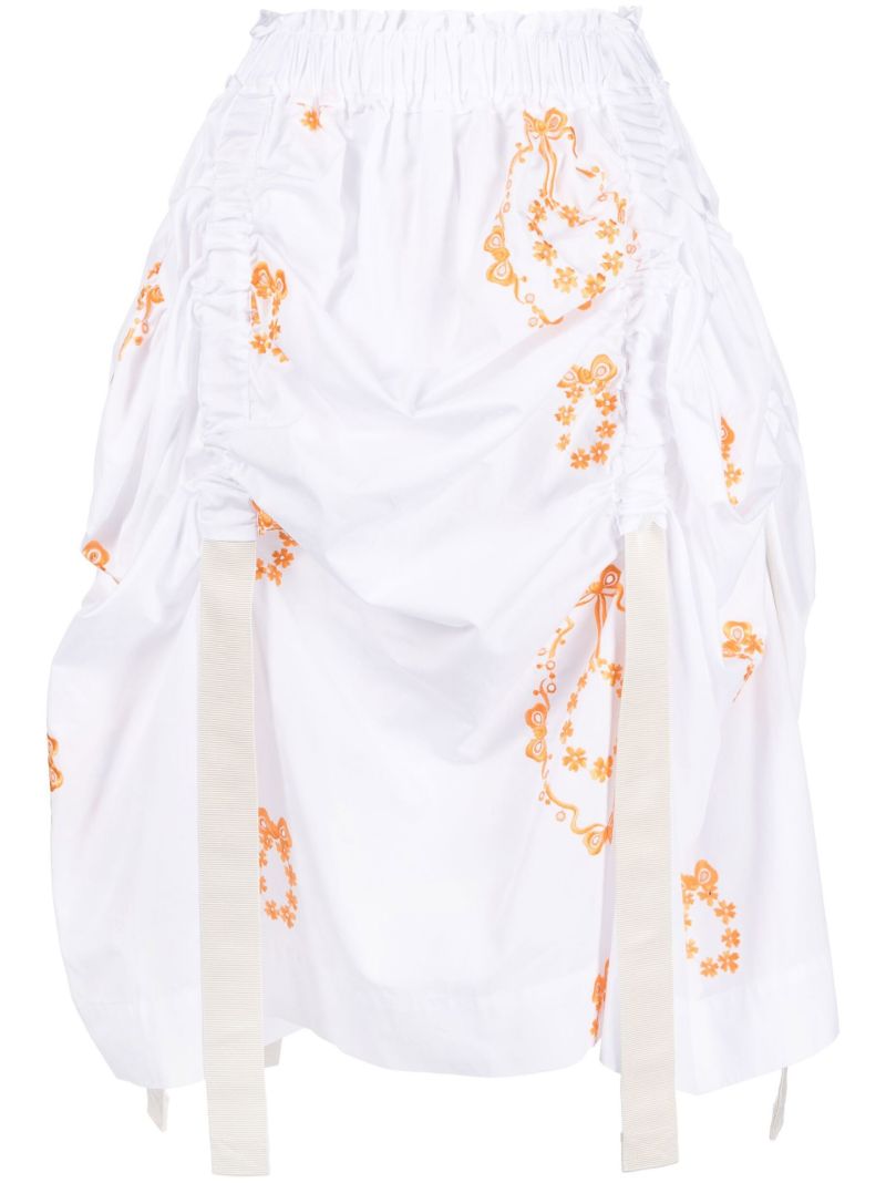 White Floral Embroidery Cotton Midi Skirt