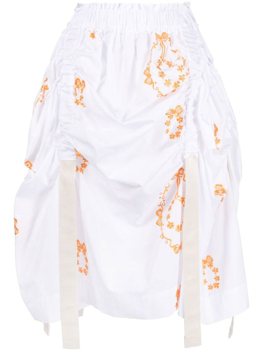 White Floral Embroidery Cotton Midi Skirt
