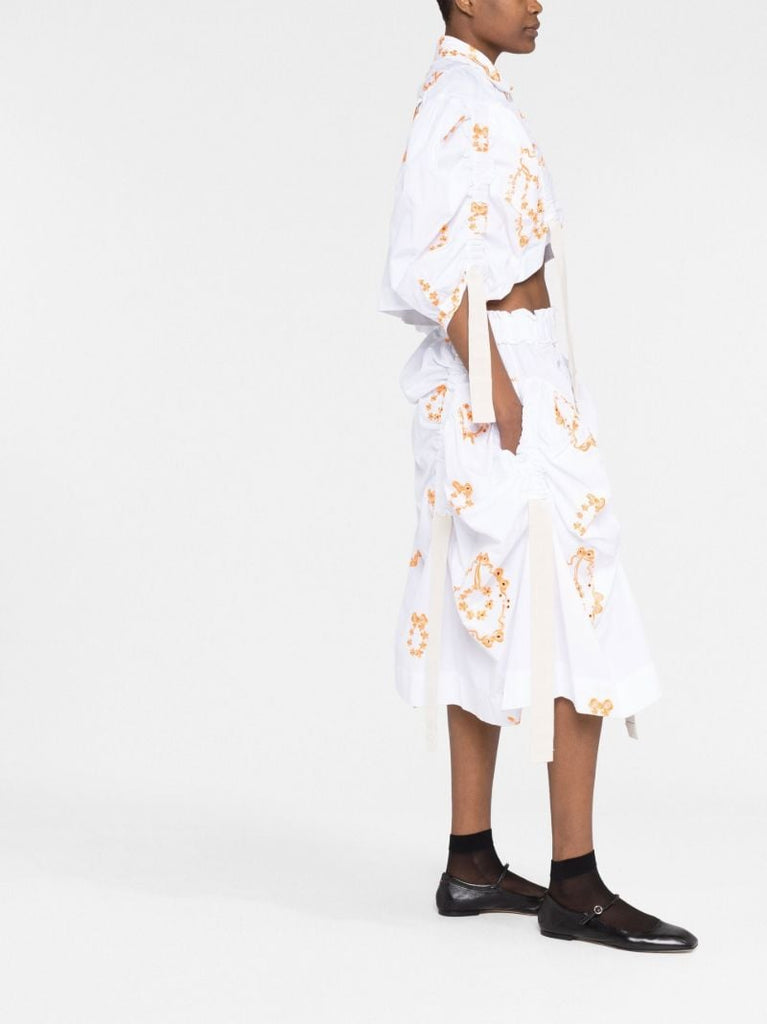 White Floral Embroidery Cotton Midi Skirt
