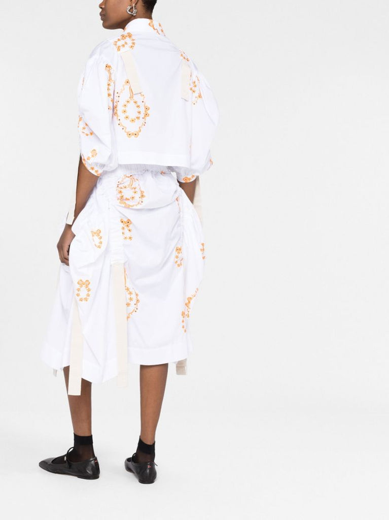 White Floral Embroidery Cotton Midi Skirt