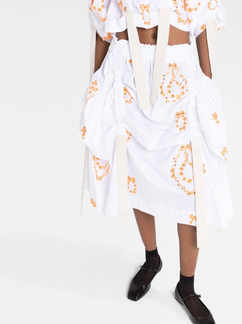 White Floral Embroidery Cotton Midi Skirt