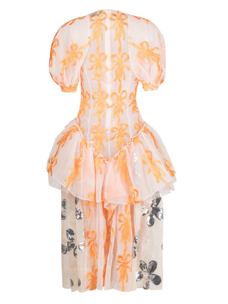 Neutral Embroidered Ruffled Tulle Dress