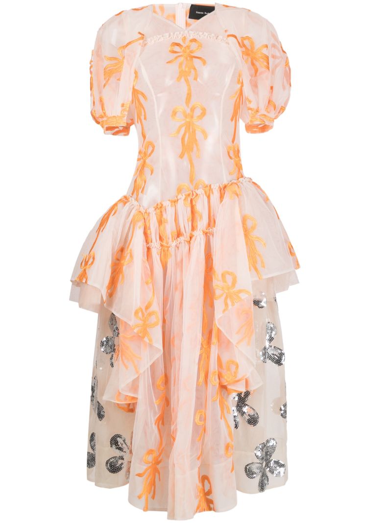Neutral Embroidered Ruffled Tulle Dress