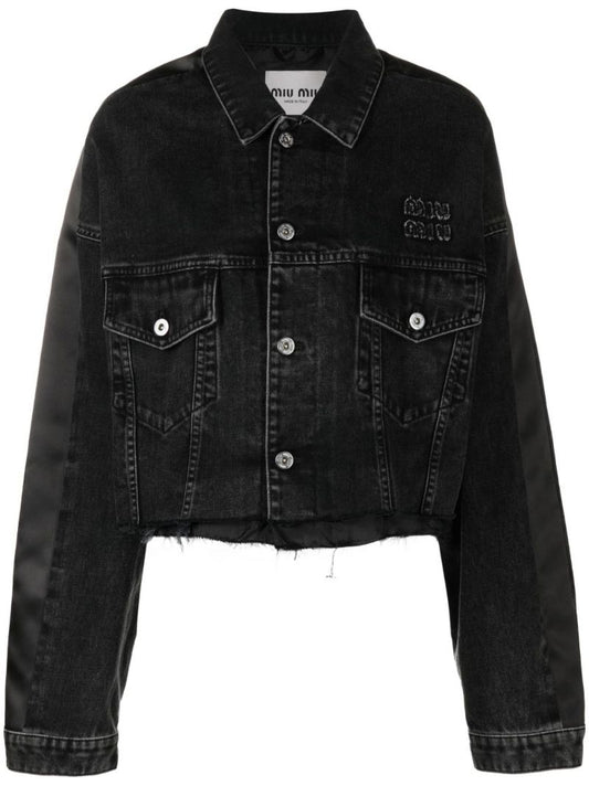Black Logo Print Cropped Denim Jacket