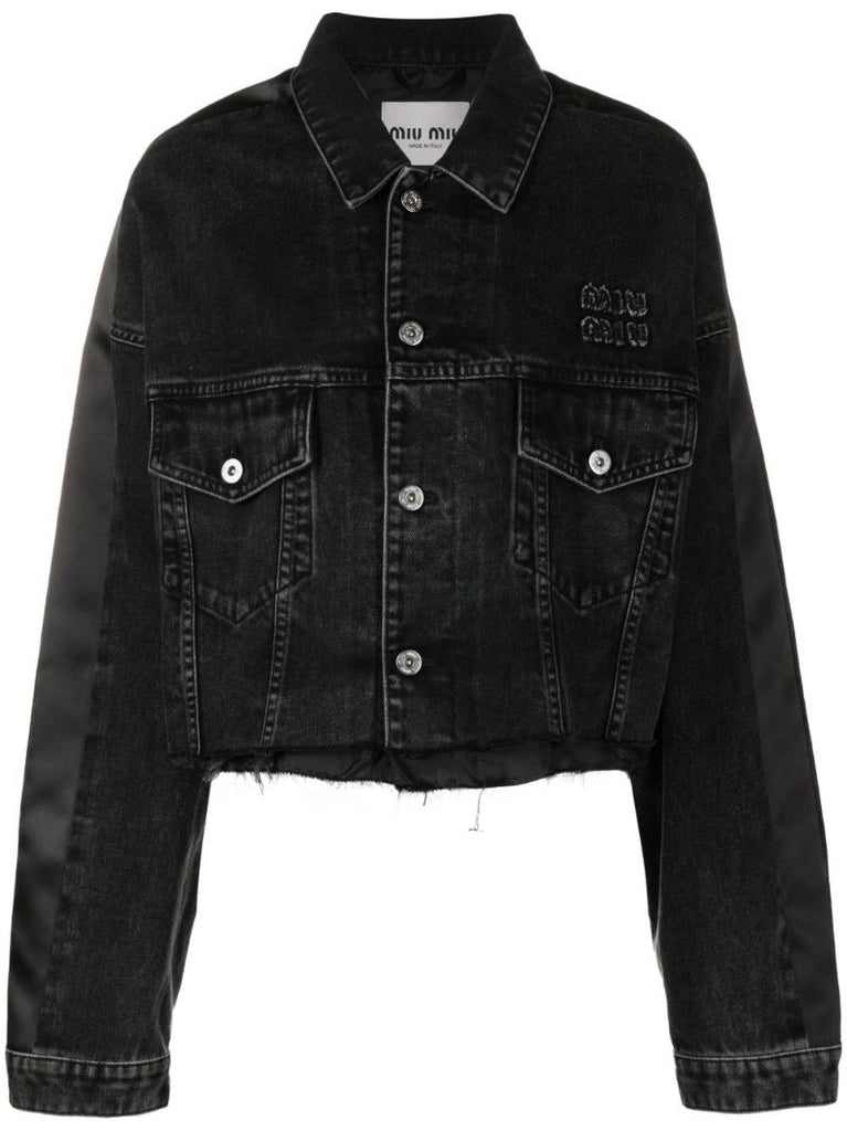Black Logo Print Cropped Denim Jacket