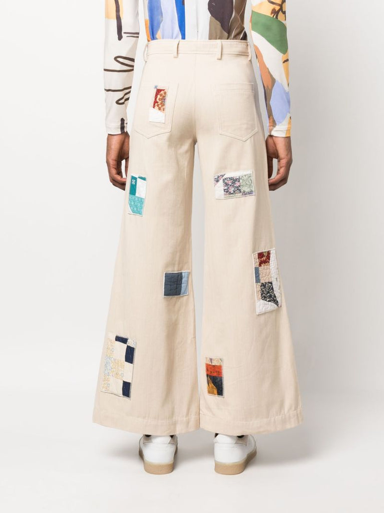 Neutral Quilted Patch Flared Trousers