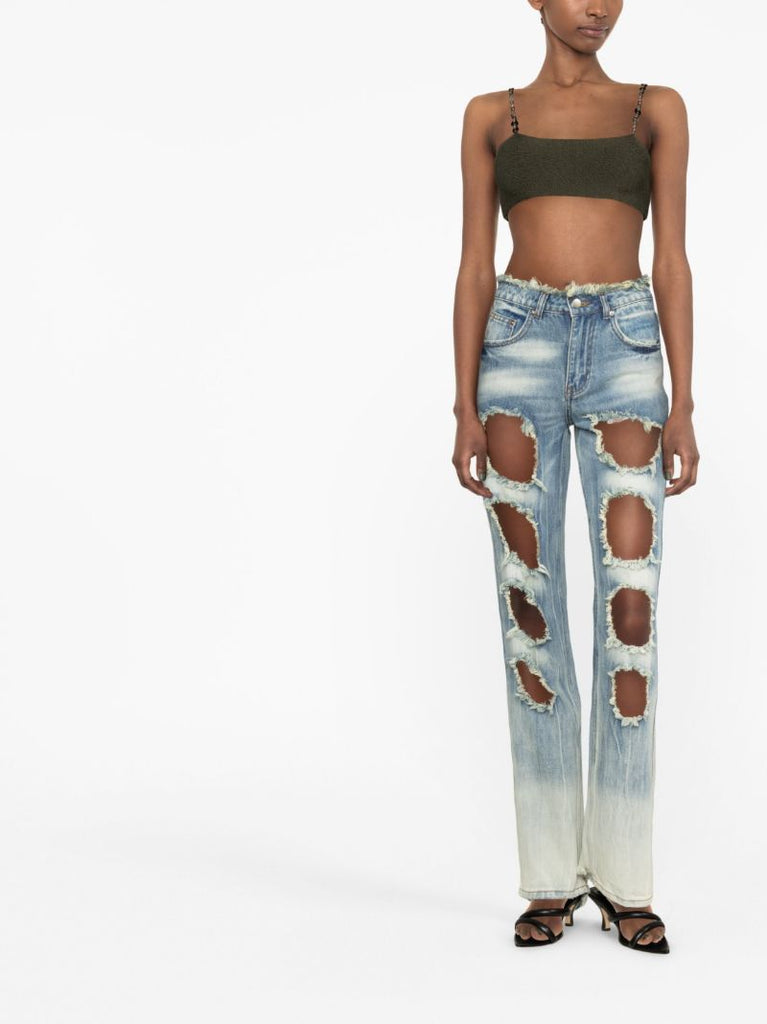 Blue Cut-out Straight-leg Jeans