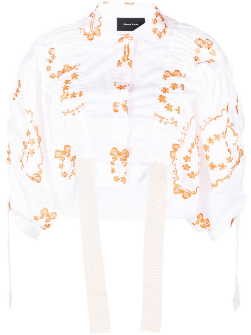 White Embroidered Cropped Shirt